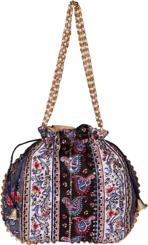 ENSAC Women's Handcrafted Designer Potli Bag with Embroidery, Pearl Handle & Thread Work | Ethnic & Bridal Potli