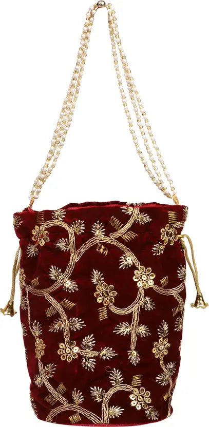 Ensac Women Maroon Potli Bag | Stylish Ethnic Handbag for Parties & Weddings