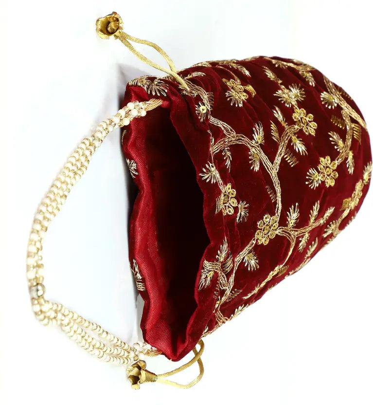 Ensac Women Maroon Potli Bag | Stylish Ethnic Handbag for Parties & Weddings