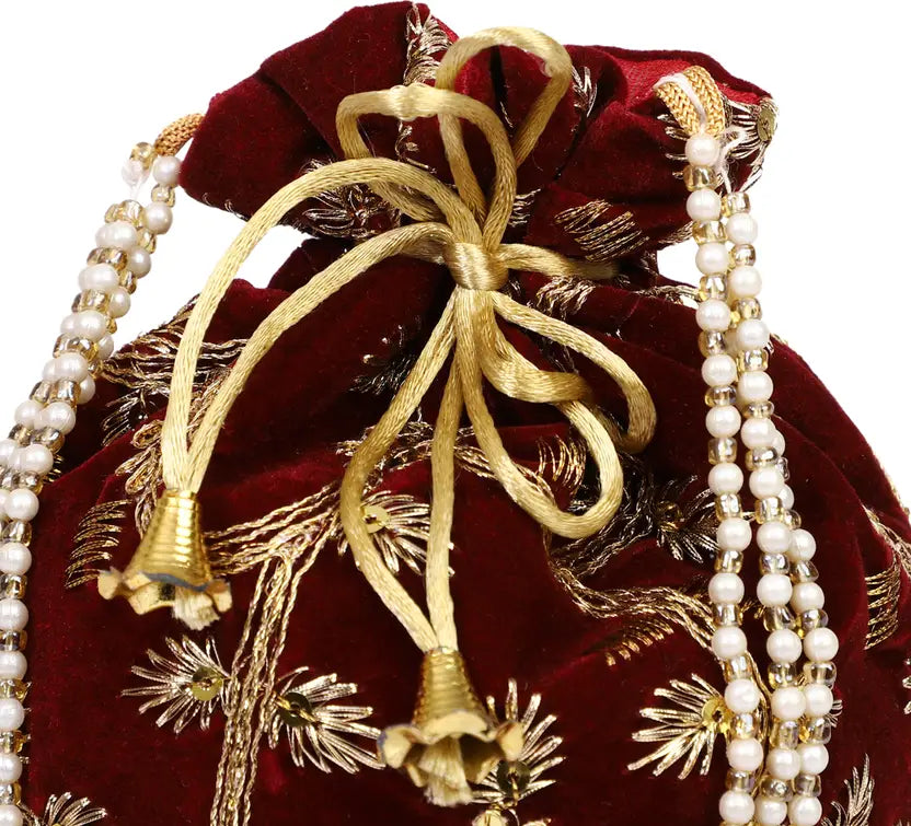 Ensac Women Maroon Potli Bag | Stylish Ethnic Handbag for Parties & Weddings