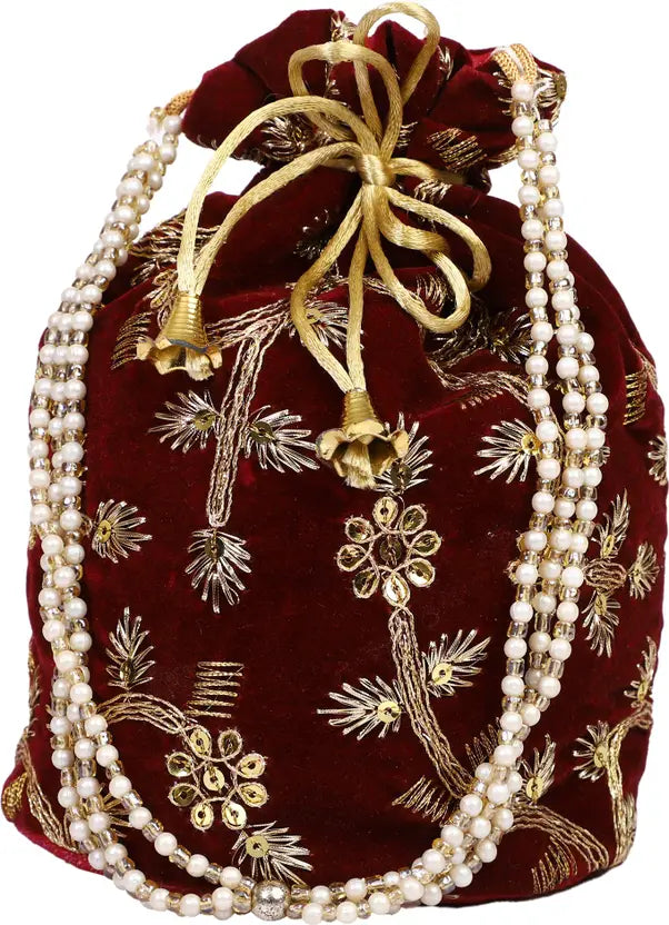 Ensac Women Maroon Potli Bag | Stylish Ethnic Handbag for Parties & Weddings