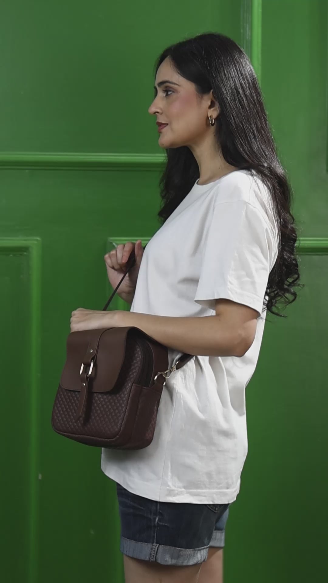 ENSAC Women's Brown Quilted Vegan Leather Crossbody Sling Bag