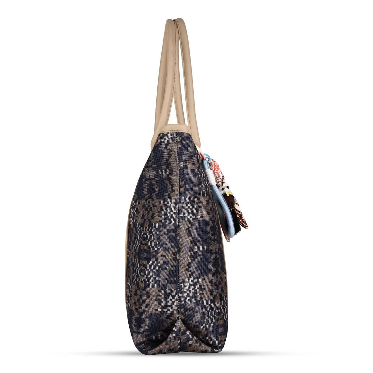 ENSAC Women’s Geometric Print Woven Laptop Tote Bag with Scarf & Pom-Pom Charms
