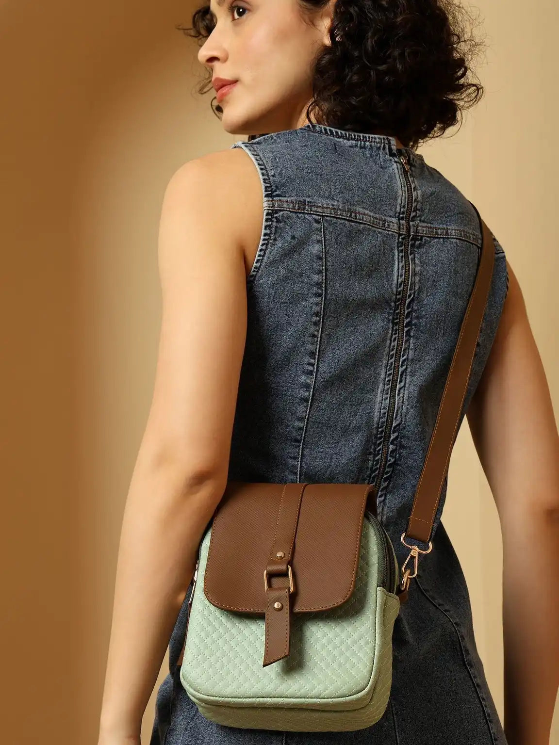 ENSAC Women's Quilted Crossbody Bag - Vegan Leather Sling Bag with Flap & Zip