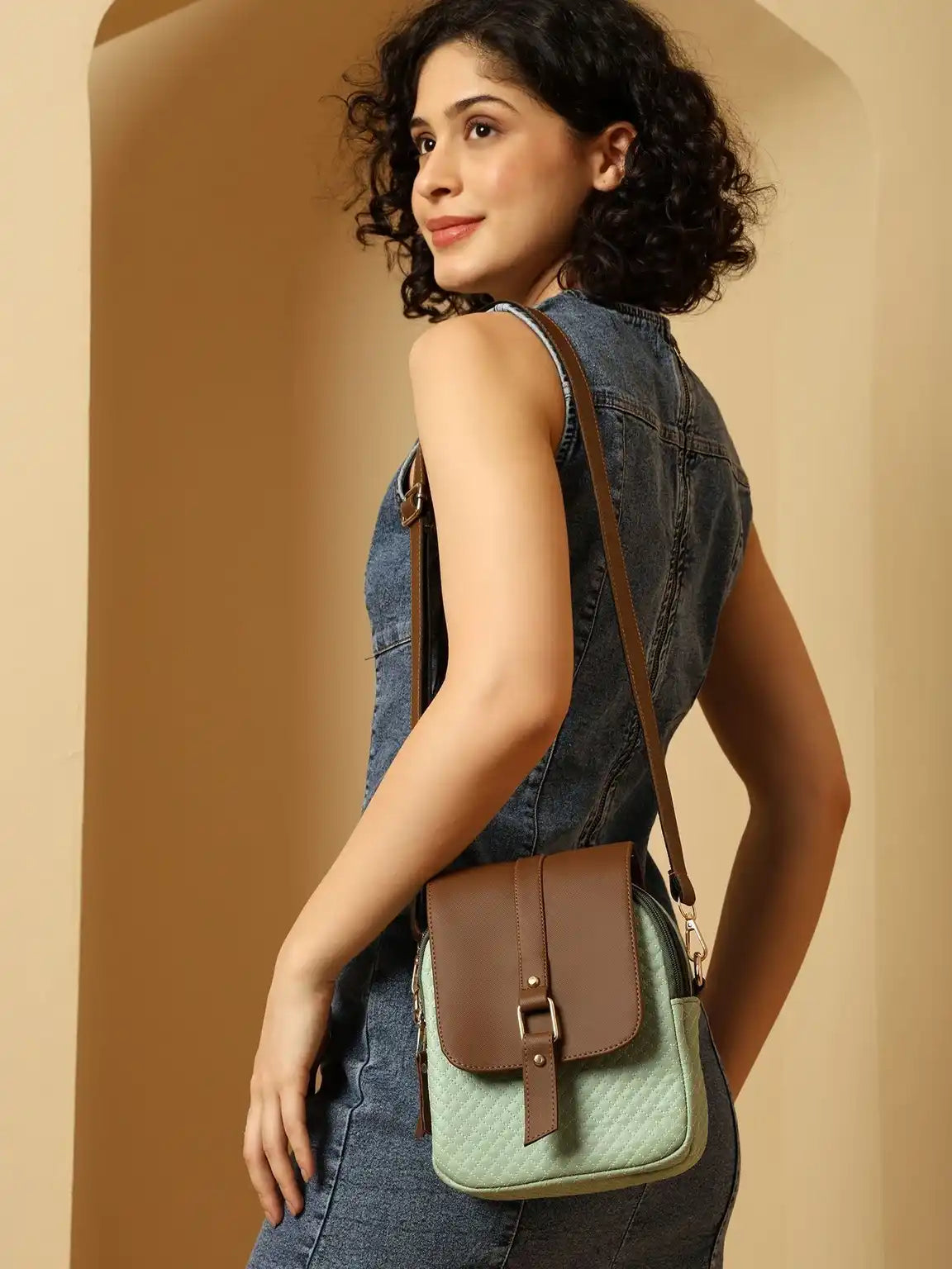 ENSAC Women's Quilted Crossbody Bag - Vegan Leather Sling Bag with Flap & Zip