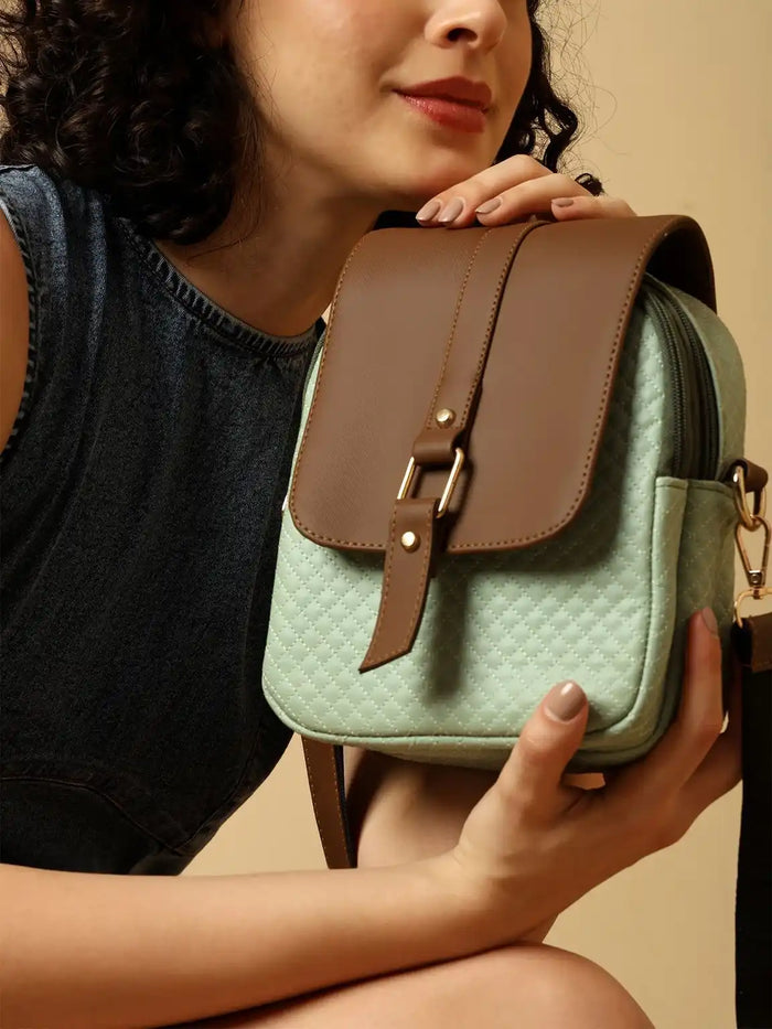 ENSAC Women's Quilted Crossbody Bag - Vegan Leather Sling Bag with Flap & Zip