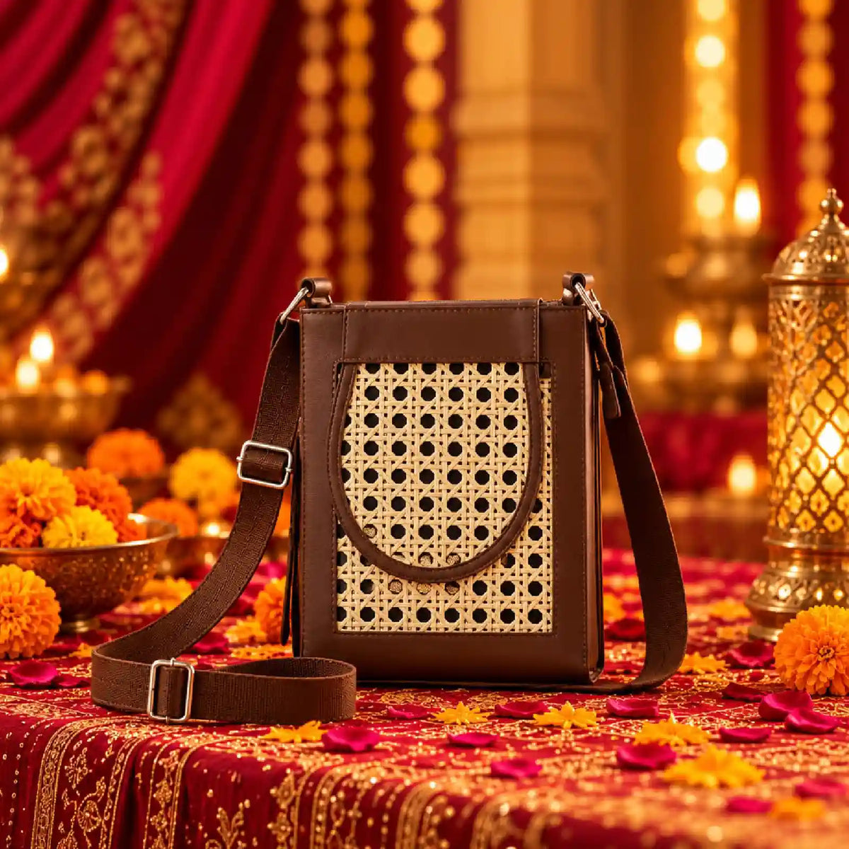 ENSAC Rattan Sling Bag for Women | Brown Rexine Handbag