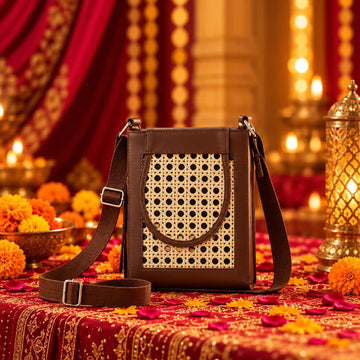 ENSAC Rattan Sling Bag for Women | Brown Rexine Handbag