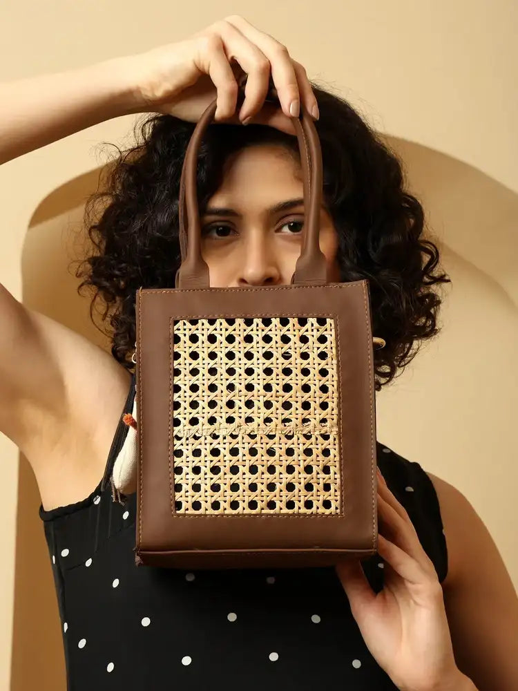 ENSAC Rattan Sling Bag for Women | Brown Rexine Handbag