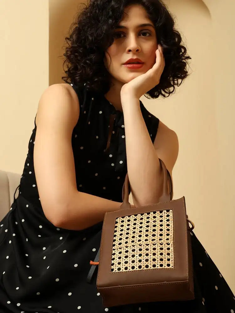 ENSAC Rattan Sling Bag for Women | Brown Rexine Handbag