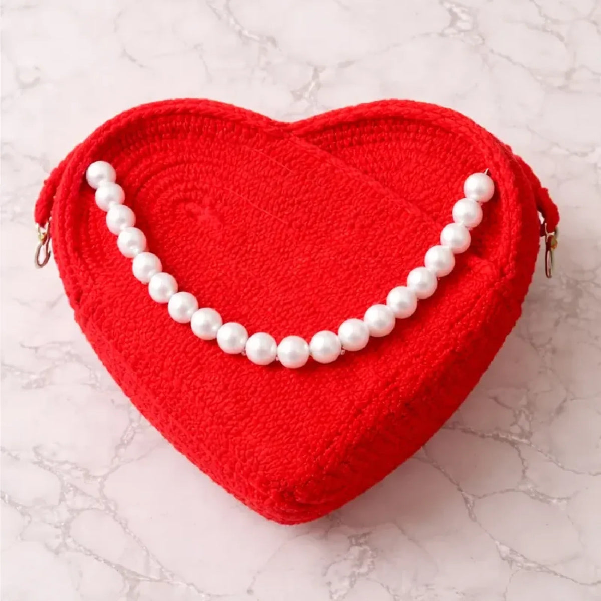 ENSAC Women's Red Woven Heart Shaped Pearl Accent Sling Bag