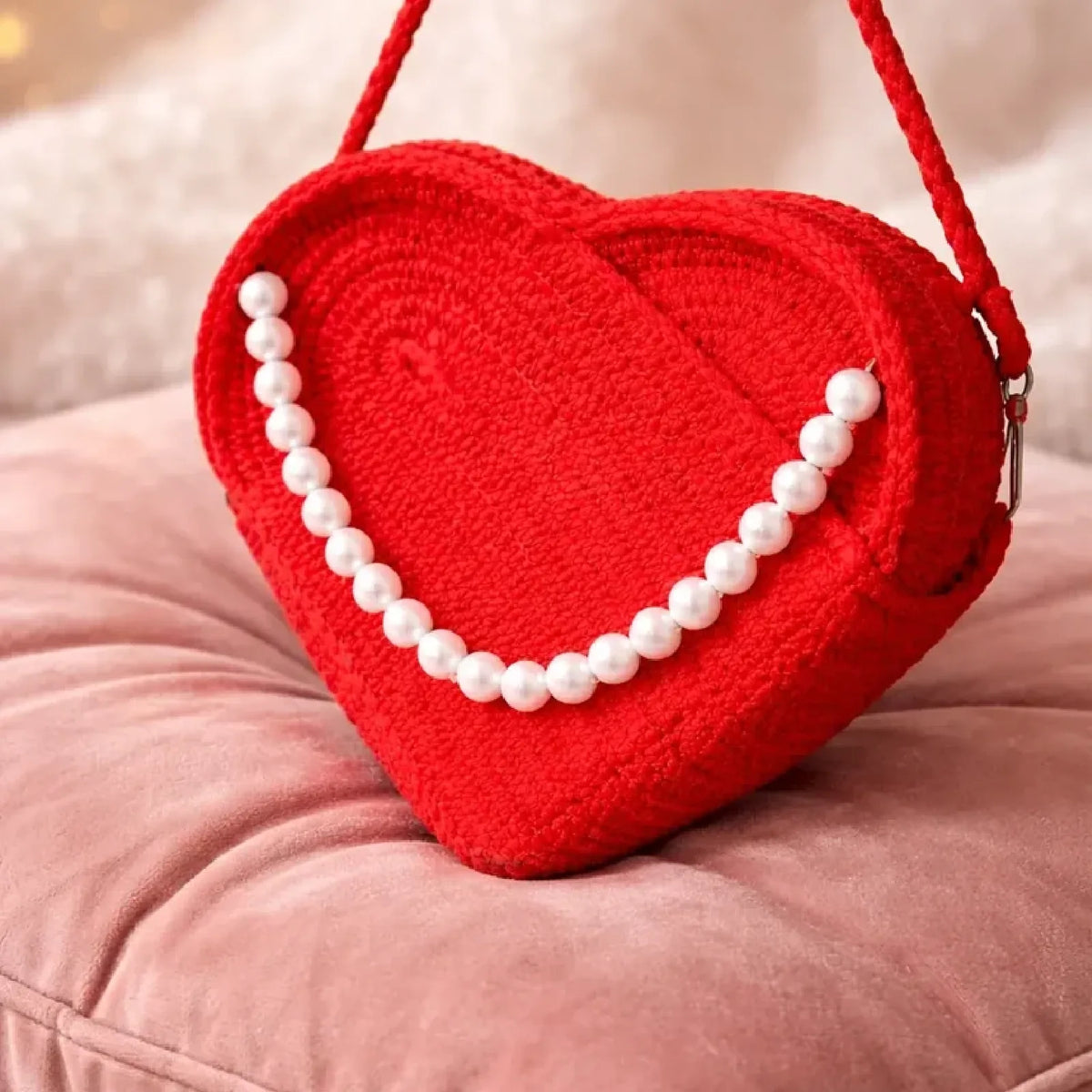 ENSAC Women's Red Woven Heart Shaped Pearl Accent Sling Bag