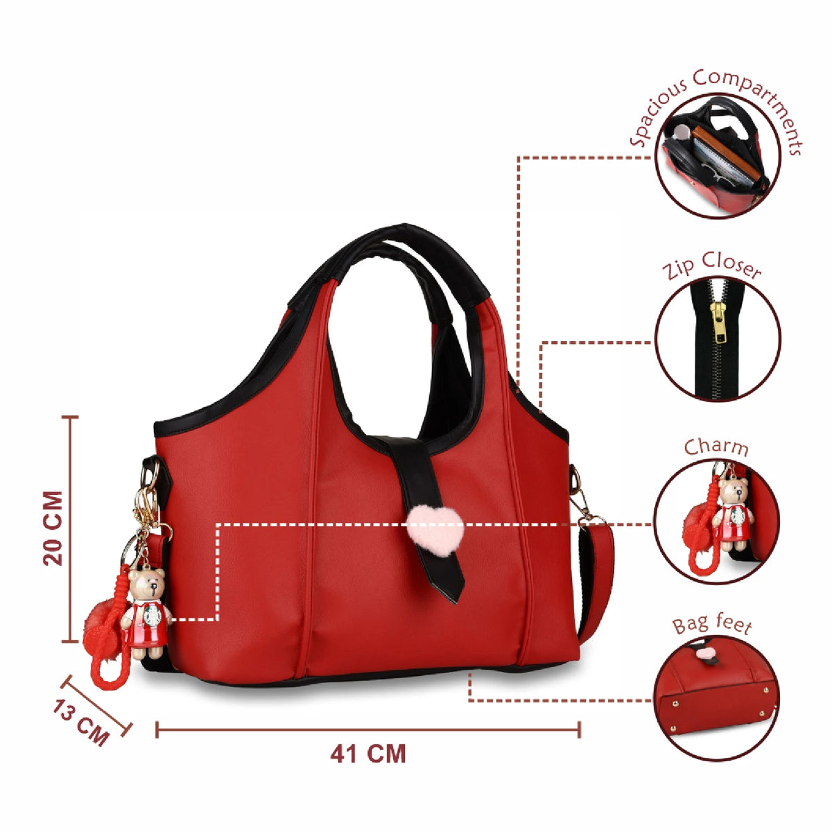ENSAC Women's Red & Black Vegan Leather Hobo Shoulder Bag