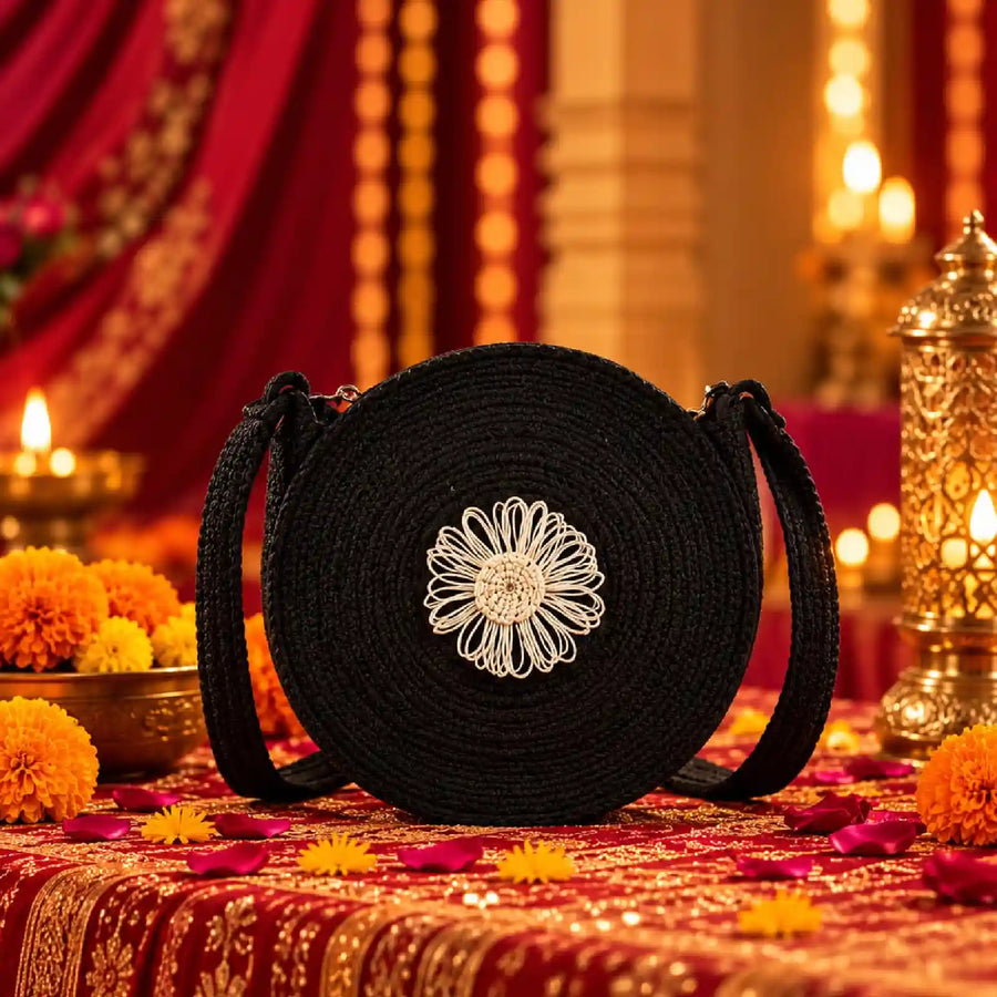 ENSAC Round Sling Bag for Women | Woven Sunflower Crossbody bag