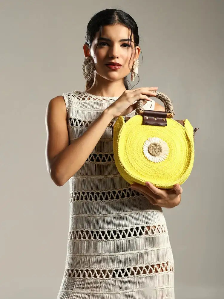 ENSAC Round Sling Bag for Women | Woven Sunflower Crossbody bag