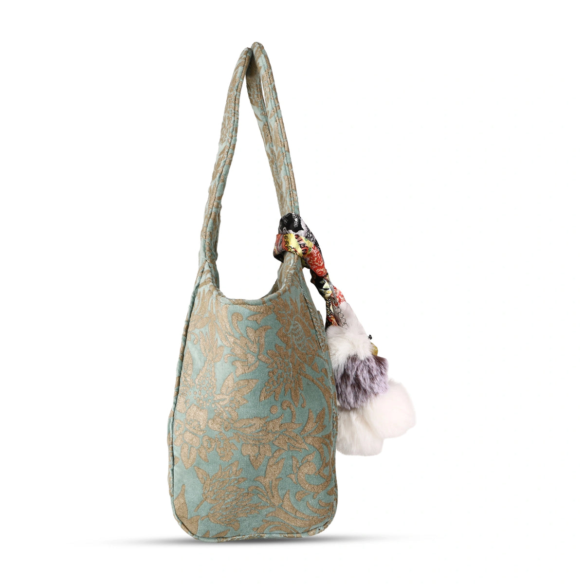 ENSAC Women's Sage & Gold Floral Velvet Tapestry Hobo Shoulder Bag