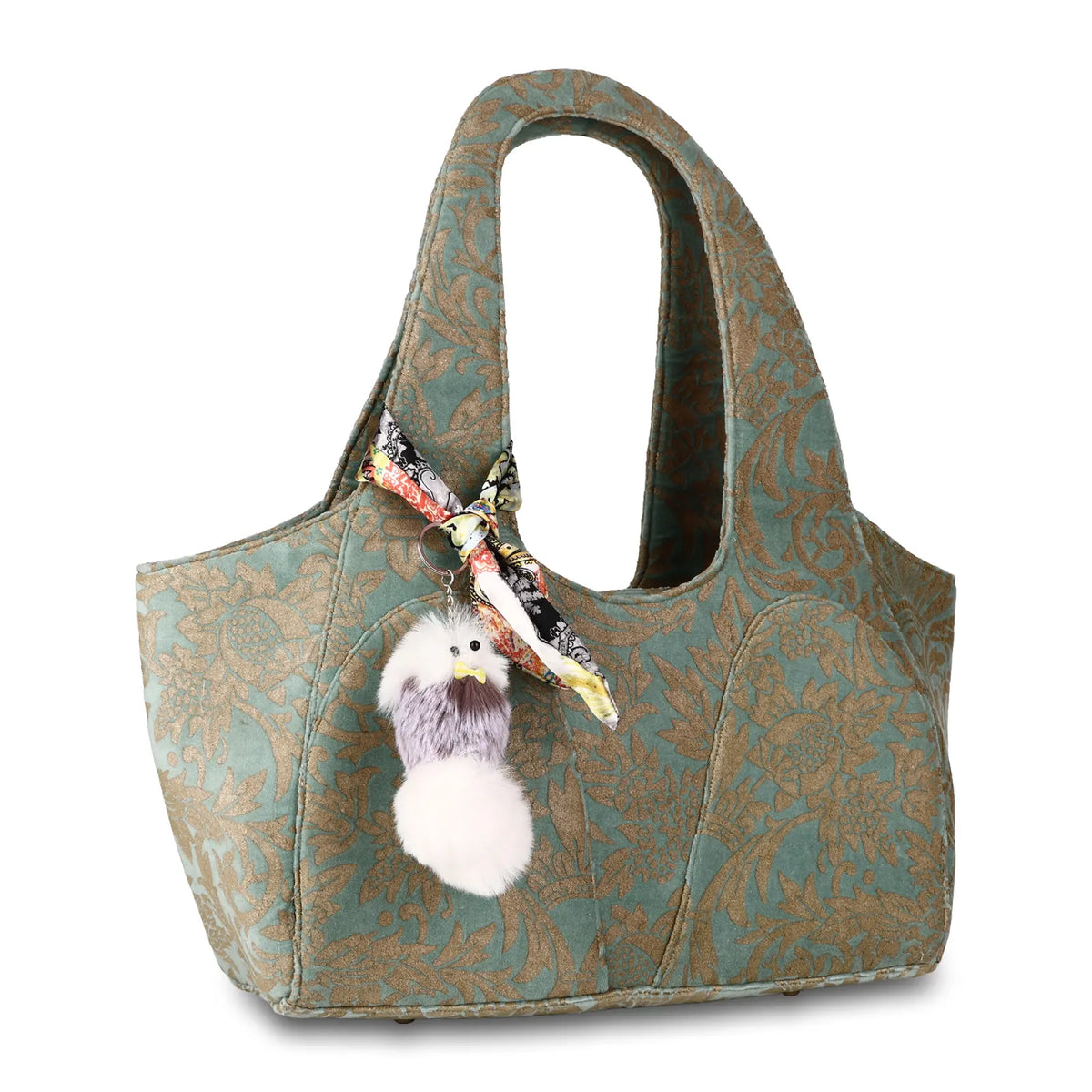 ENSAC Women's Sage & Gold Floral Velvet Tapestry Hobo Shoulder Bag