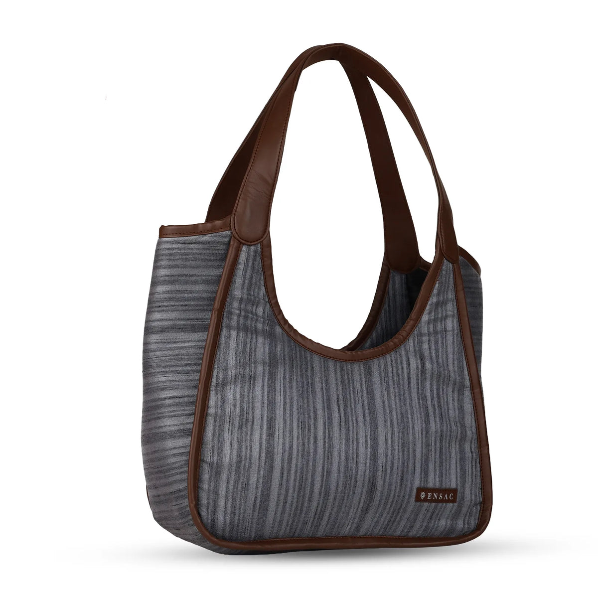 ENSAC Oval Textured Grey Hobo Bag for Women with Brown Trim