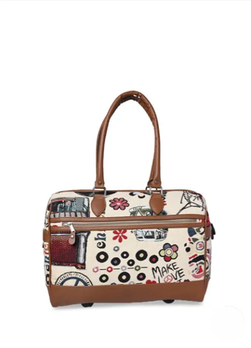 Patterned handbag with brown handles and trim on a white background BY ENSAC