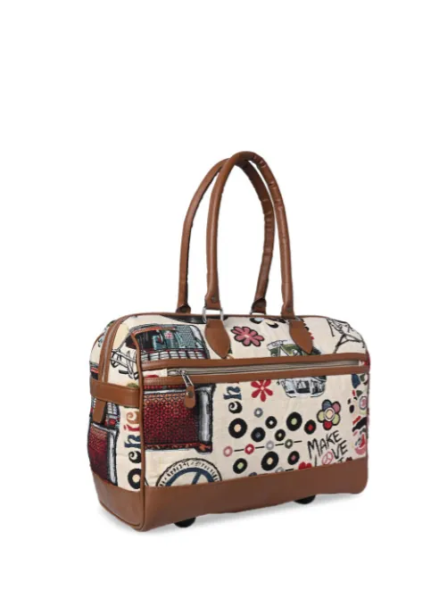 Patterned handbag with brown handles and trim on a white background BY ENSAC