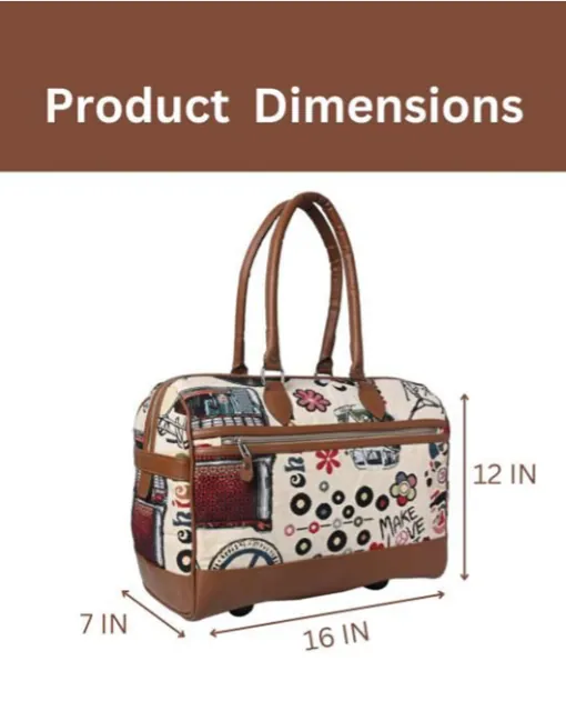 Patterned handbag with dimensions indicated on a white background