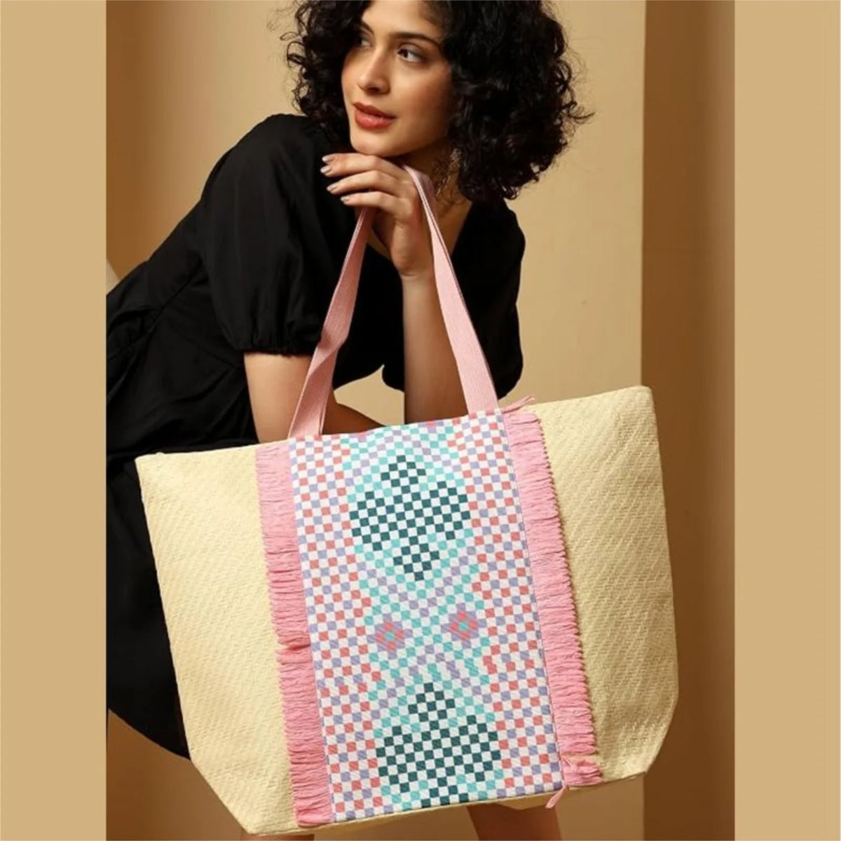 ENSAC Checkered Fringe Beach Bag Tote for women | Woven Geometric Summer Shoulder Handbag