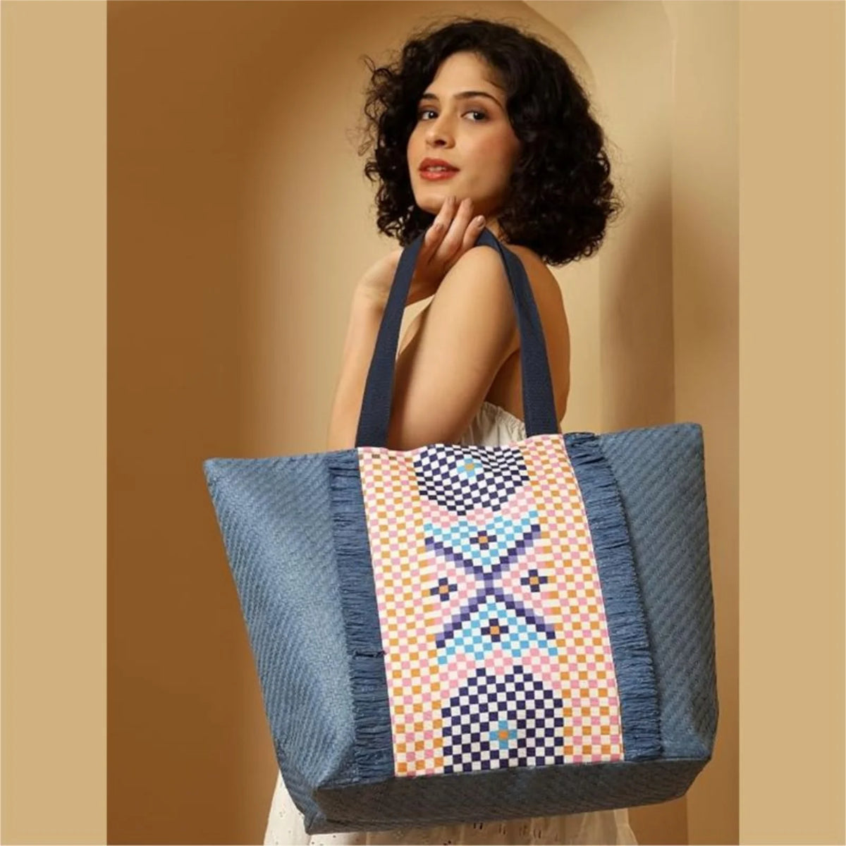 ENSAC Checkered Fringe Beach Bag Tote for women | Woven Geometric Summer Shoulder Handbag