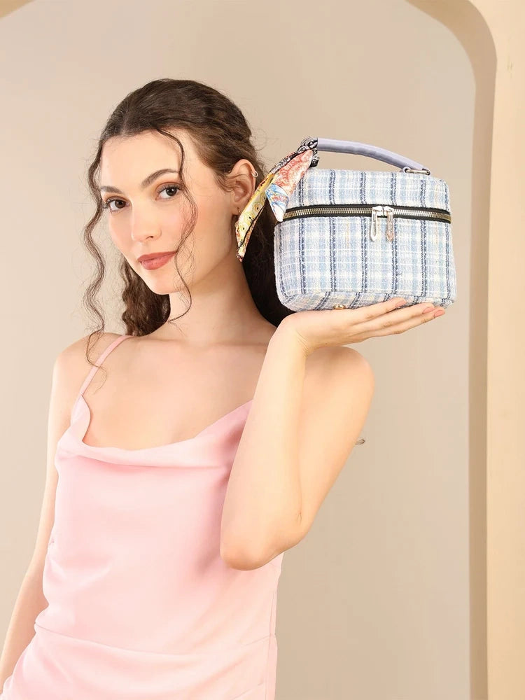 ENSAC Tweed Boxy Crossbody Handbag for Women | Top Handle Bag with Scarf