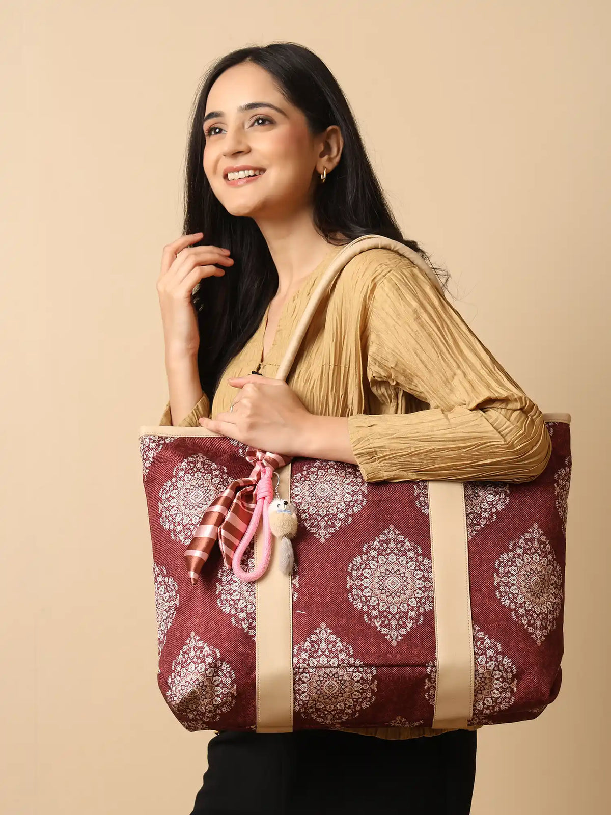 ENSAC Women's Maroon Medallion Print Woven Laptop Tote Bag with Ribbon Charm