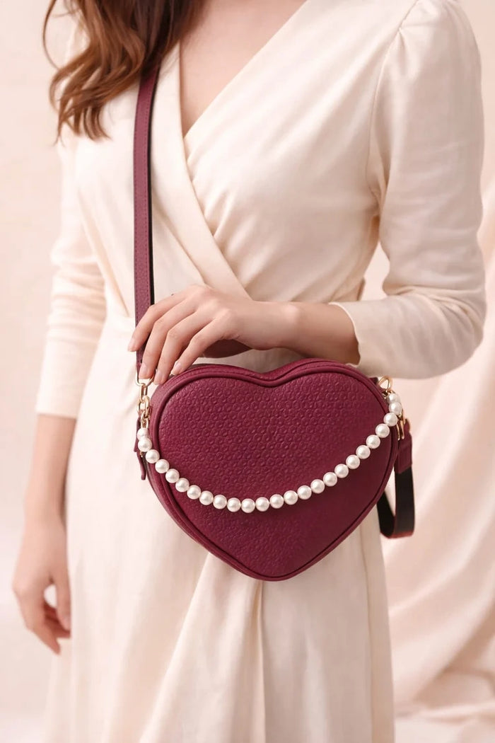 ENSAC Women's Maroon Heart Shaped Pearl Accent Crossbody Sling Bag with Tassel