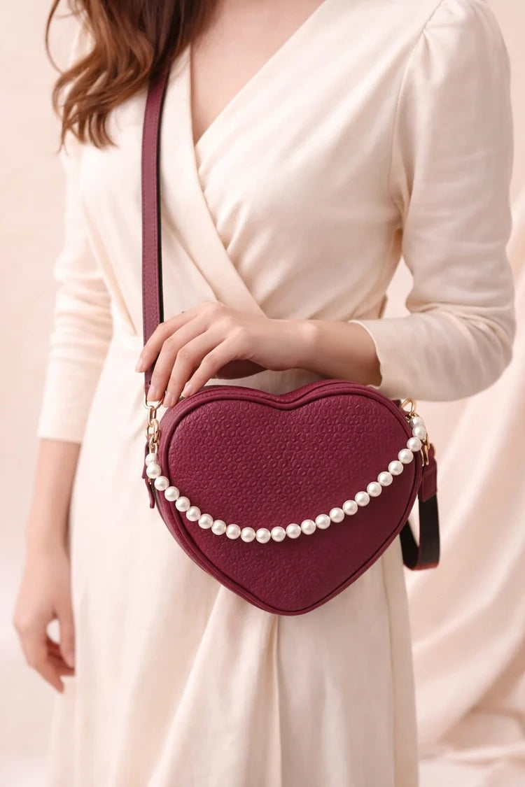 ENSAC Women's Maroon Heart Shaped Pearl Accent Crossbody Sling Bag with Tassel