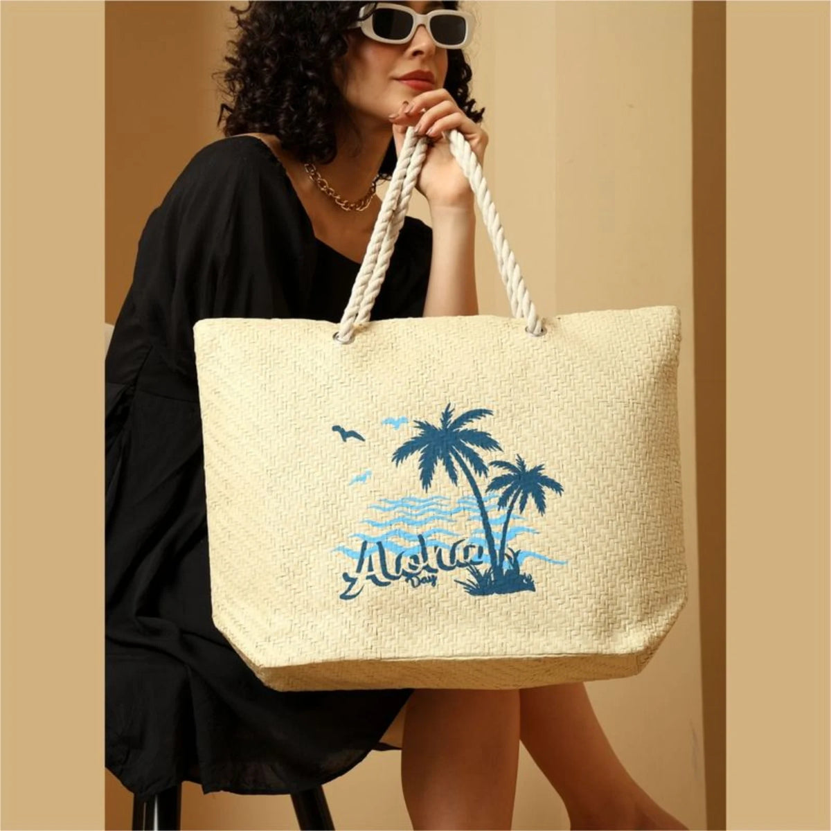 ENSAC Womens Beach Bag | Paper Straw Printed Tote Bag with Handles