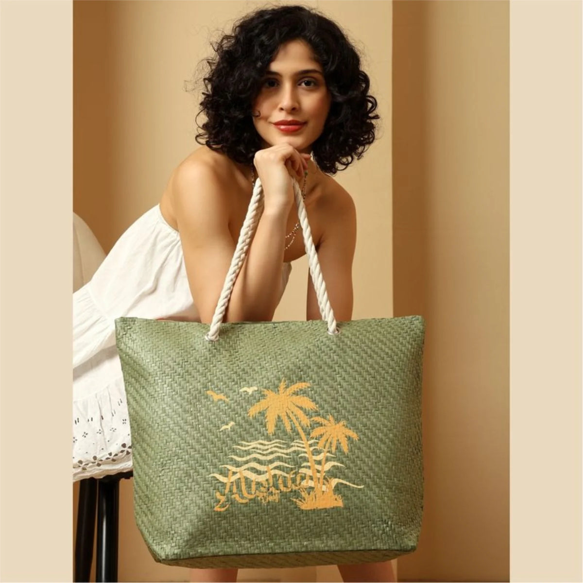 ENSAC Womens Beach Bag | Paper Straw Printed Tote Bag with Handles