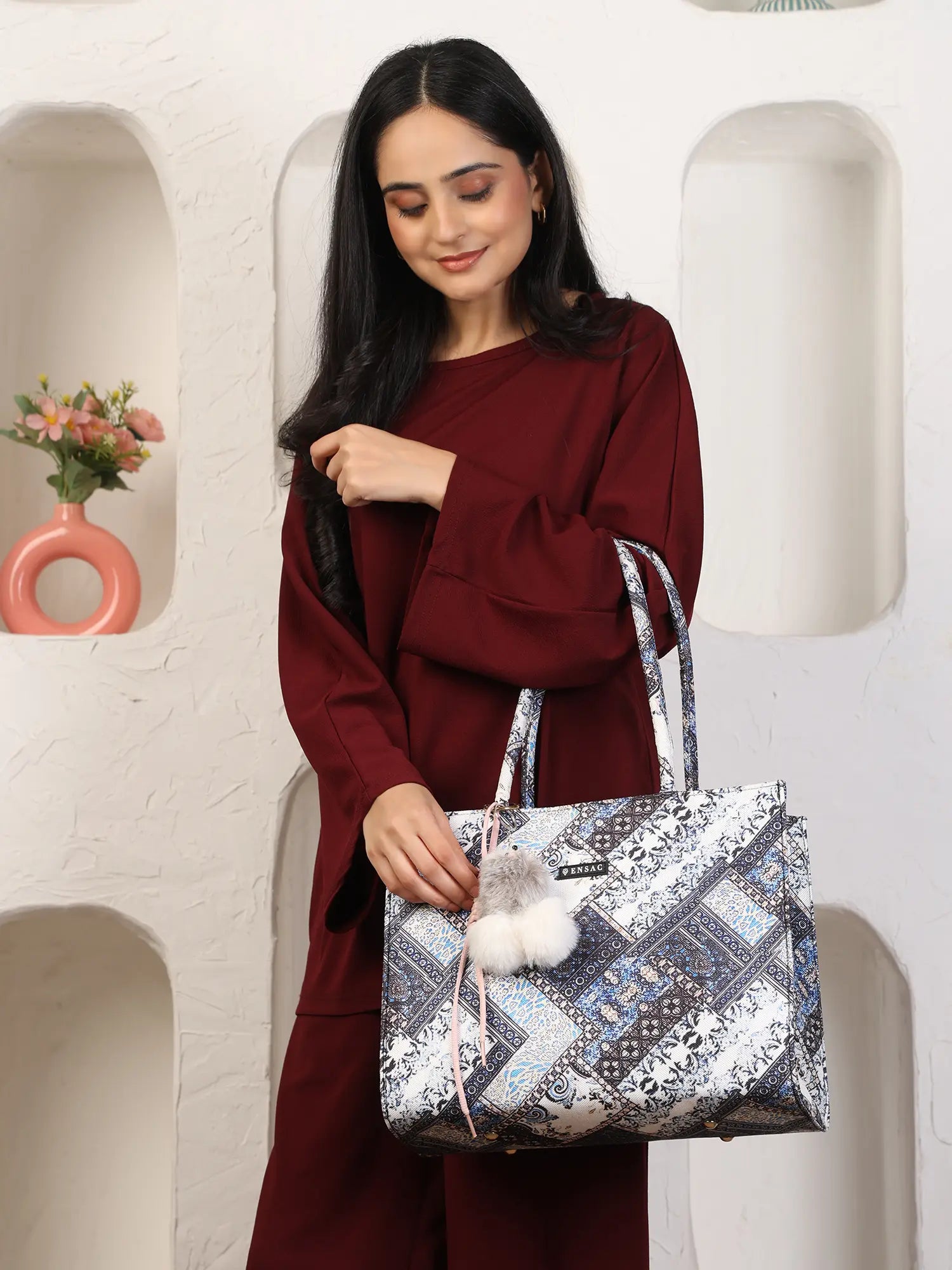 ENSAC Patchwork Tote Bag for Women with Fur Charm – Blue & White