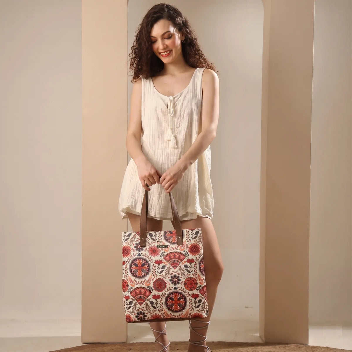 ENSAC Multi Compartment Tote Bag for Women | Floral & Giraffe Forest Printed Shoulder Bag