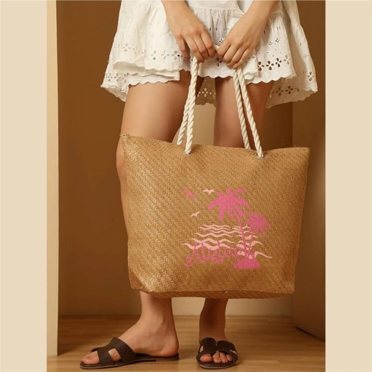 ENSAC Womens Beach Bag | Paper Straw Printed Tote Bag with Handles