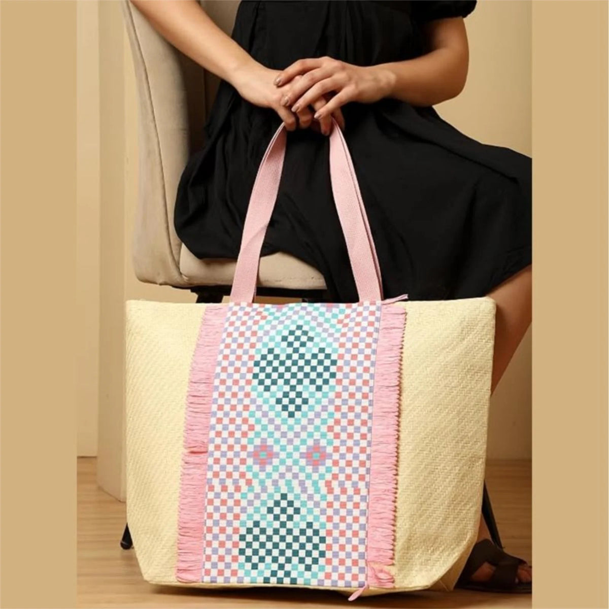 ENSAC Checkered Fringe Beach Bag Tote for women | Woven Geometric Summer Shoulder Handbag