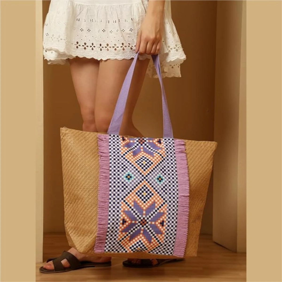 ENSAC Checkered Fringe Beach Bag Tote for women | Woven Geometric Summer Shoulder Handbag