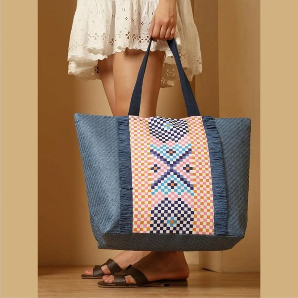 ENSAC Checkered Fringe Beach Bag Tote for women | Woven Geometric Summer Shoulder Handbag