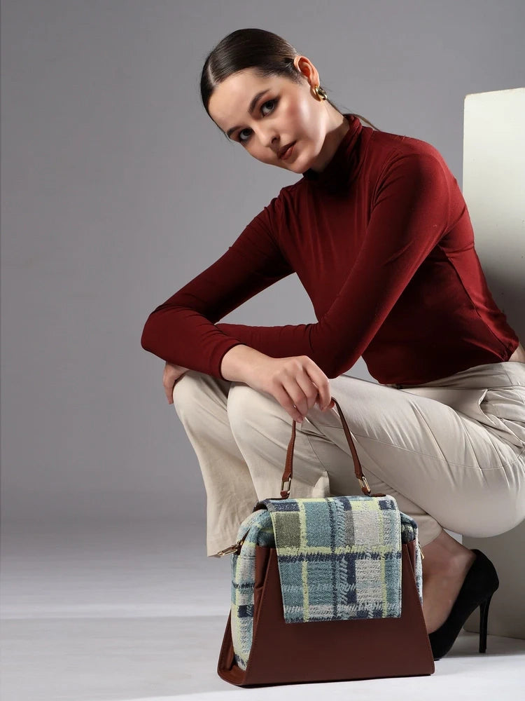 ENSAC Women's Plaid Woven Crossbody Sling Bag with Top Handle