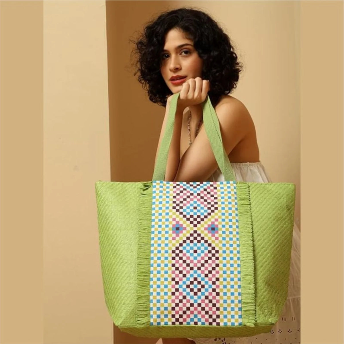ENSAC Checkered Fringe Beach Bag Tote for women | Woven Geometric Summer Shoulder Handbag