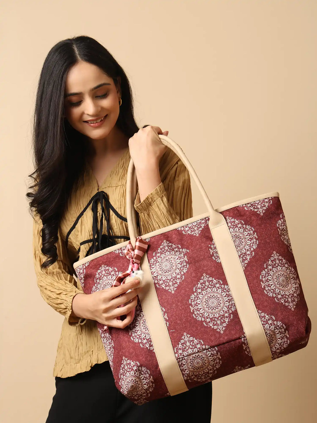 ENSAC Women's Maroon Medallion Print Woven Laptop Tote Bag with Ribbon Charm