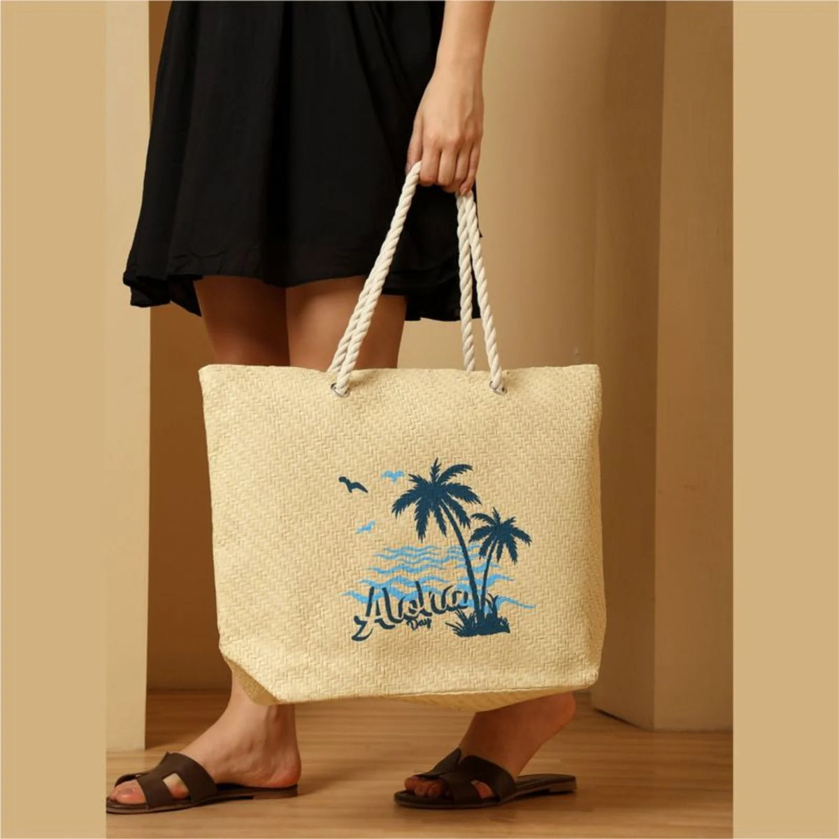 ENSAC Womens Beach Bag | Paper Straw Printed Tote Bag with Handles
