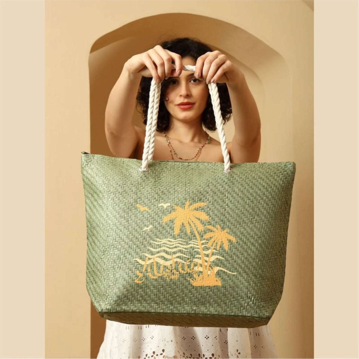 ENSAC Womens Beach Bag | Paper Straw Printed Tote Bag with Handles