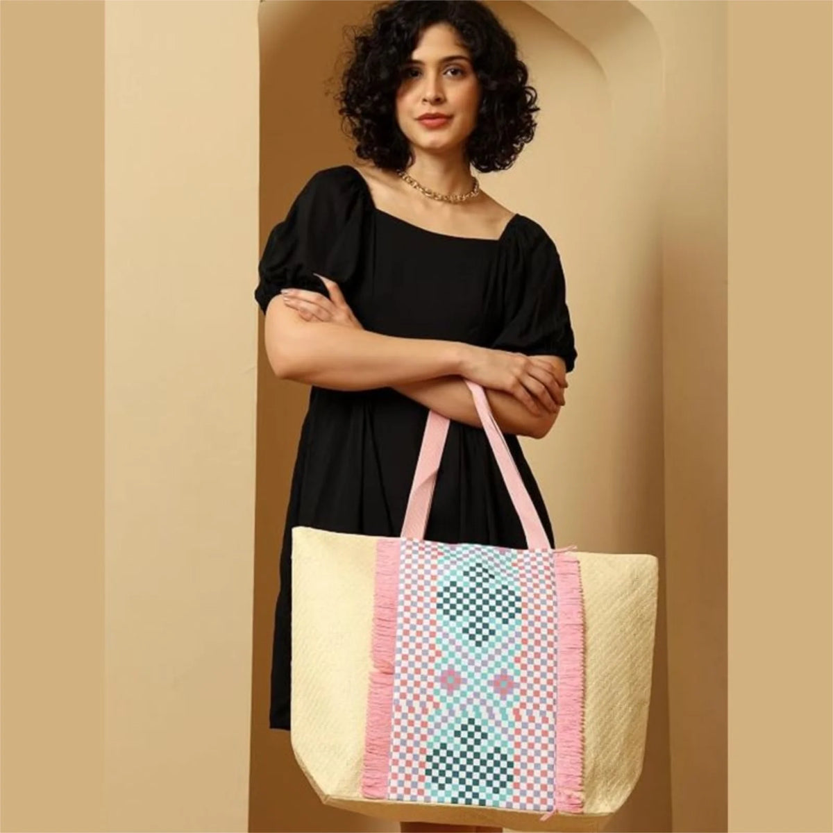ENSAC Checkered Fringe Beach Bag Tote for women | Woven Geometric Summer Shoulder Handbag