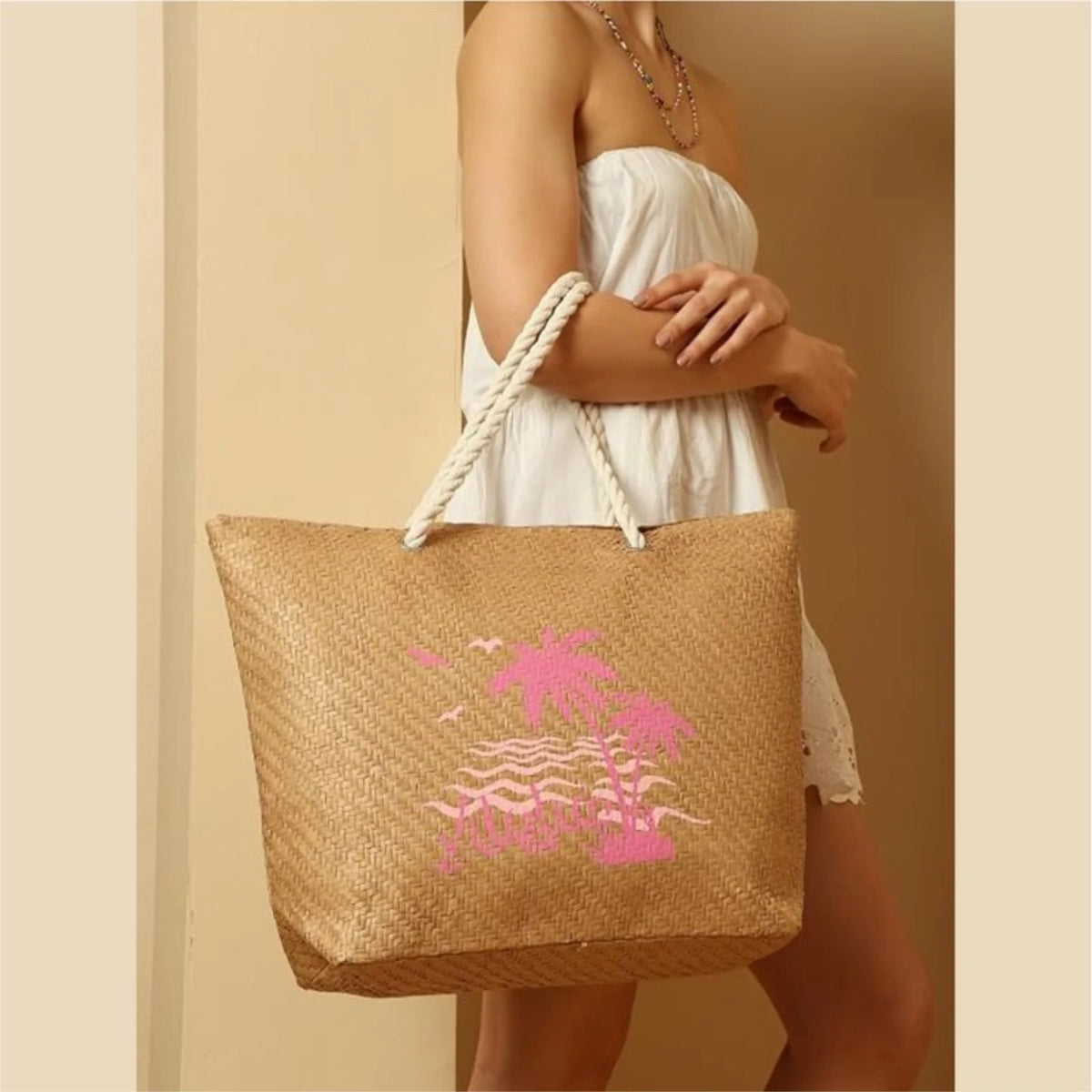 ENSAC Womens Beach Bag | Paper Straw Printed Tote Bag with Handles