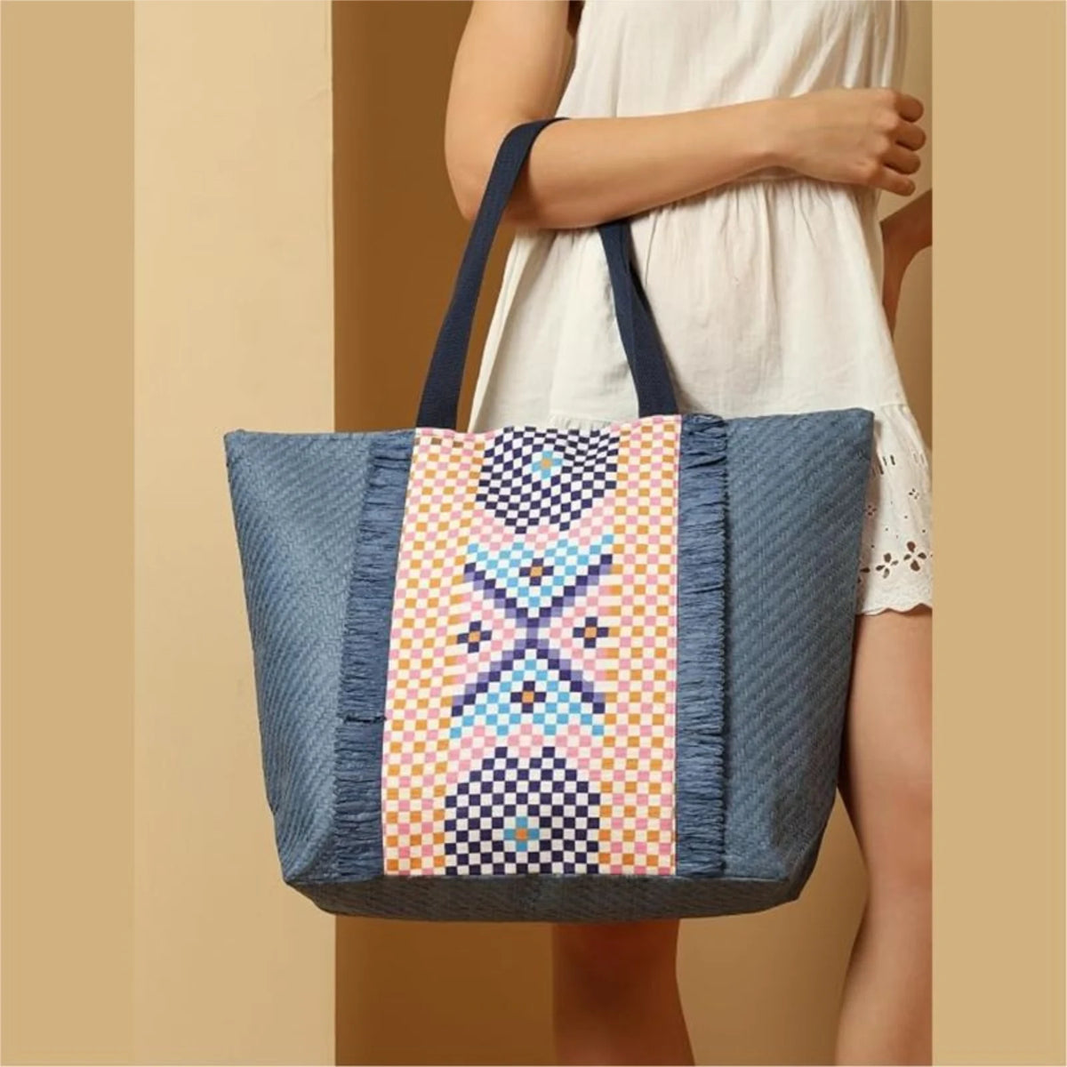 ENSAC Checkered Fringe Beach Bag Tote for women | Woven Geometric Summer Shoulder Handbag