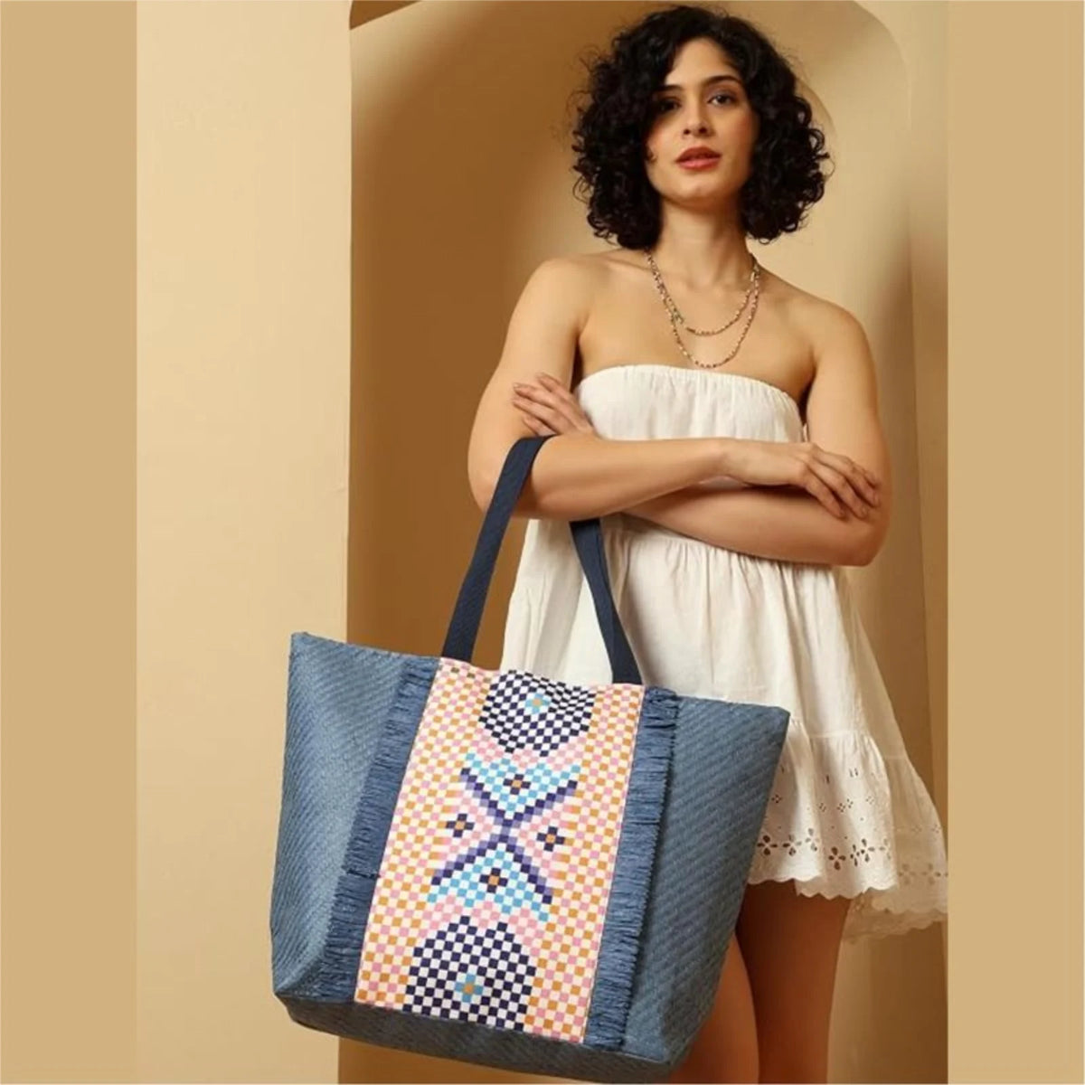 ENSAC Checkered Fringe Beach Bag Tote for women | Woven Geometric Summer Shoulder Handbag