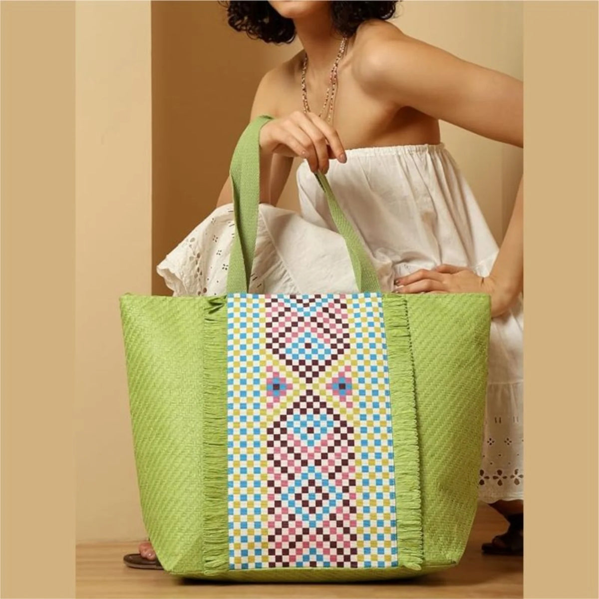 ENSAC Checkered Fringe Beach Bag Tote for women | Woven Geometric Summer Shoulder Handbag