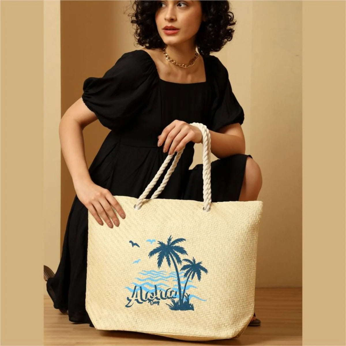 ENSAC Womens Beach Bag | Paper Straw Printed Tote Bag with Handles